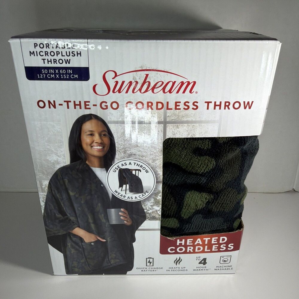 Sunbeam On-the-Go Cordless Heated Throw Blanket Microplush 4 Heat Settings 4 Hr